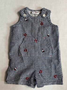 Vintage b.t kids 3/6M Navy Gingham nautical themed shortalls for Kids seersucker